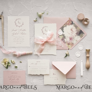 Faire-part de mariage beaux-arts rose pâle Faire-parts de mariage bords tagués, élégant faire-part de mariage ivoire suite de cartes de mariage vintage noeud en soie