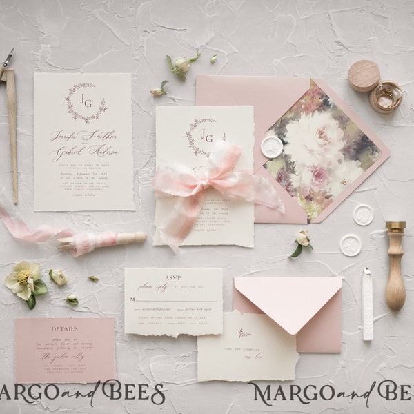 Blush Pink Fine Art Wedding Invitations Deckled Edge Wedding Invites, Elegant Ivory Wedding Invitation Suite Vintage Wedding Cards silk bow