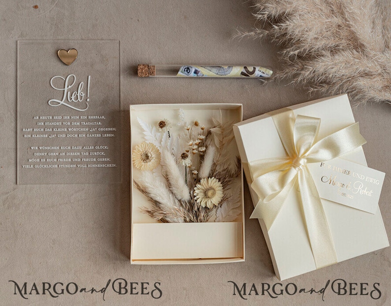 Geschenkschachtel für Geld Geldgeschenk zur Hochzeit mit Strauß aus Trockenblumen personalisiert Geschenk für Brautpaar Reagenzglas für Geld