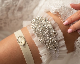 Set of Two gartes, personalised wedding garter, vintage garter set, garter for bride, bridal shower gift for bride, Ivory Bridal Garter