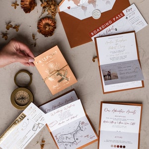 Terracotta Gold Passport Wedding Invitation, Map Wedding Cards Boarding Pass, Burnt Orange Passport Cards Abroad, Destination Invites image 6