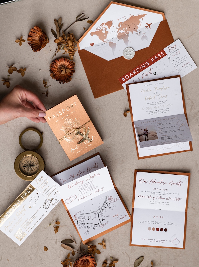 Terracotta Gold Passport Wedding Invitation, Map Wedding Cards Boarding Pass, Burnt Orange Passport Cards Abroad, Destination Invites image 6