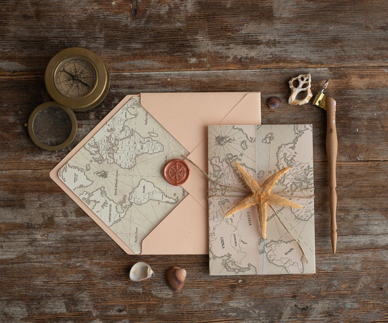 Bespoke Marine Beach Blush Wedding Invitations Vellum Wrapping Wedding Invites With Old Map, Custom Sea Starfish Travel Wedding Cards 20 Pcs image 1