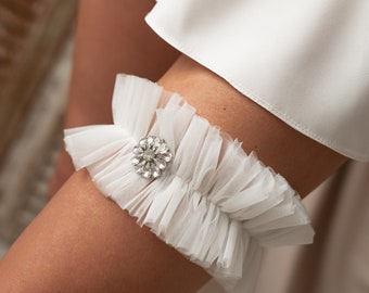 Tulle wedding garter, tulle & crystals garter  garter for bride, bridal shower gift for bride, gift for bride, fancy jeweled garter
