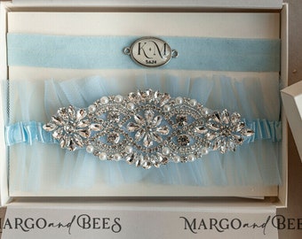 Set of Two gartes, personalised wedding garter in box, something blue tulle garter & toss set garter for bride, bridal shower gift for bride