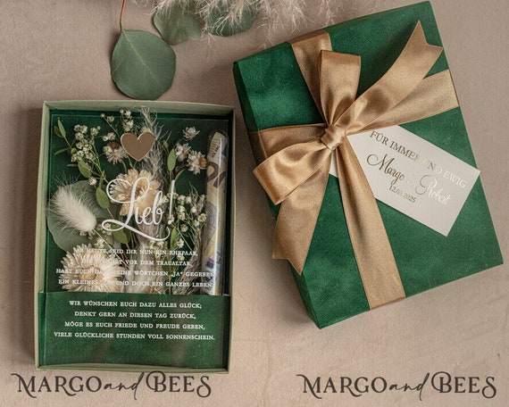 Geschenkschachtel für Geld Geldgeschenk zur Hochzeit mit Strauß aus Trockenblumen personalisiert Geschenk für Brautpaar Reagenzglas für Geld