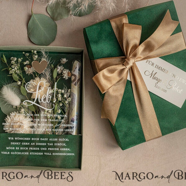 Geschenkschachtel für Geld Geldgeschenk zur Hochzeit mit Strauß aus Trockenblumen personalisiert Geschenk für Brautpaar Reagenzglas für Geld