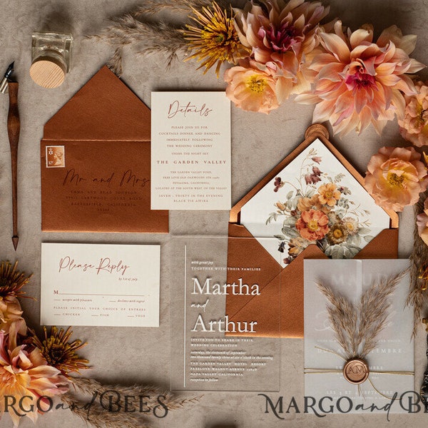 terracotta Fall Wedding Invitations Wedding Invitation acrylic with rsvp Pampas Grass Invitation suite, Burnt Orange plexi glass Invites set