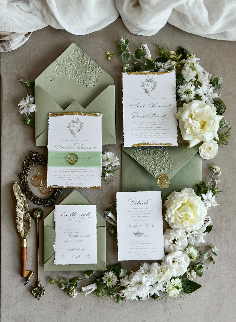 Wedding Invitations Sage Green Fine Art- Deckled Edge Invites with Ribbon, Clear Wax Seal & RSVP Options image 1