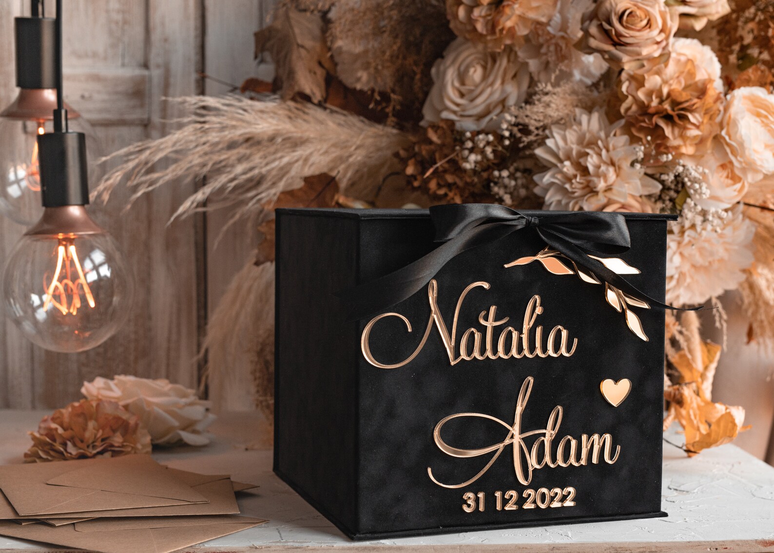 Velvet Black Card Box & Gold Lettering, Wedding Card Box With Lid ...