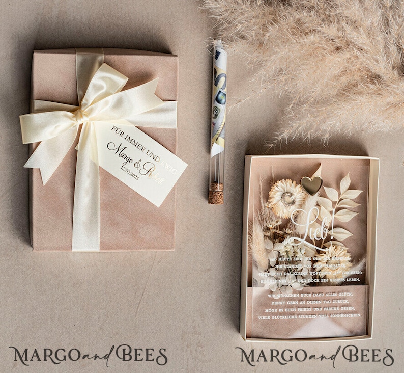 Geschenkschachtel für Geld Geldgeschenk zur Hochzeit mit Strauß aus Trockenblumen personalisiert Geschenk für Brautpaar Reagenzglas für Geld