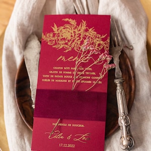 Boho Burgundy Instax velvet Wedding Menu Gold,Large Instant Wedding Menu, Maroon velvet Menu Marsala Golden wedding, xBur