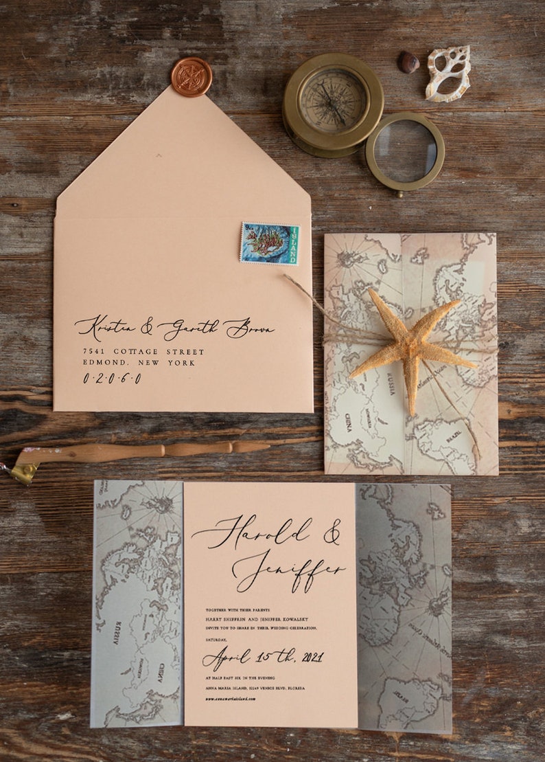 Bespoke Marine Beach Blush Wedding Invitations Vellum Wrapping Wedding Invites With Old Map, Custom Sea Starfish Travel Wedding Cards 20 Pcs image 3