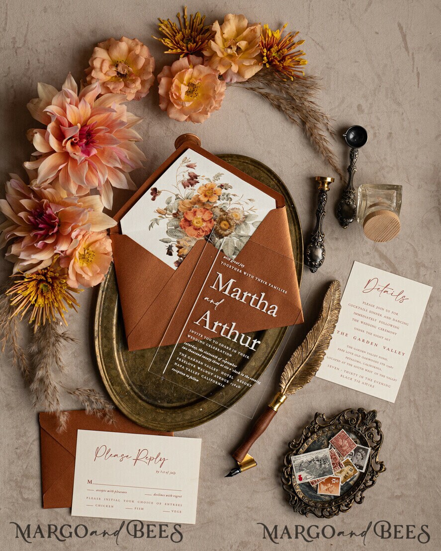 Rustic Terracotta Arch Floral Acrylic Wedding Invitations CAX110
