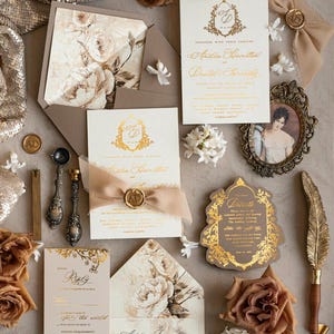 Vintage Baroque Wedding Invitation suite Beige Golden Wedding Invitations Victorian wedding crest Chinoiserie Invites Royal Ornamental frame image 7