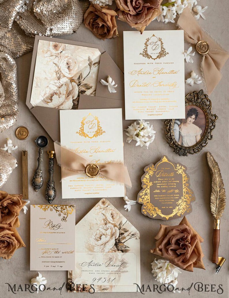 Vintage Baroque Wedding Invitation suite Beige Golden Wedding Invitations Victorian wedding crest Chinoiserie Invites Royal Ornamental frame image 7