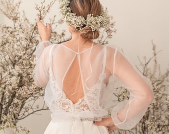 Mousseline de soie ivoire Boléro de mariage manches longues Haussement d’épaules Robe de mariée Topper, Couverture dos nu nuptiale, Chemisier de mariée en mousseline de soie, Capelet de mariée