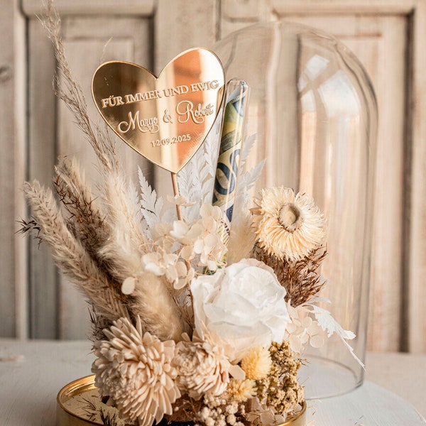 XXL Geschenkschachtel für Geld Geldgeschenk zur Hochzeit mit Strauß aus Trockenblumen personalisiert Reagenzglas für Geld Coffret cadeau pour de l'argent