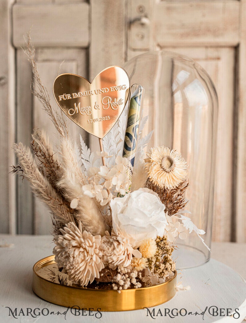 XXL Geschenkschachtel für Geld Geldgeschenk zur Hochzeit mit Strauß aus Trockenblumen personalisiert Reagenzglas für Geld gift box for money