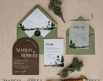 Wald Holz Hochzeitseinladungs-Reihe, moderne Hochzeitseinladungen, natürliche hölzerne Einladungs-Reihe Hochzeitskarten Salbeigrüne Hochzeitseinladungen