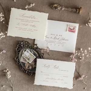 Deckled Edge Wedding Invitations Beige with Gold – Fine Art Floral Wreath Invitation Suite image 2