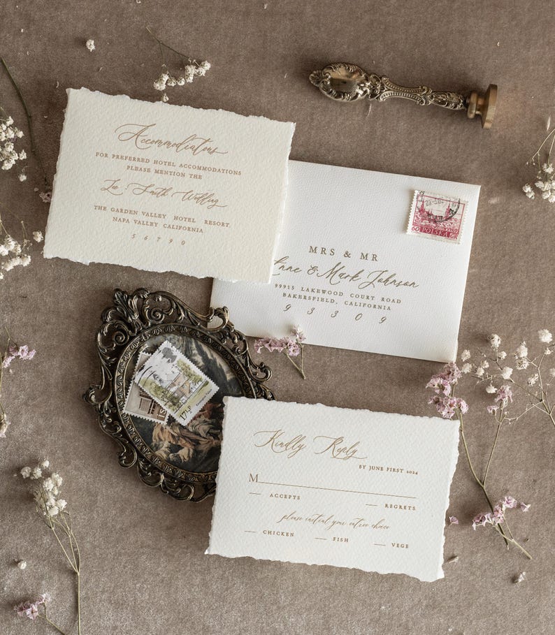 Deckled Edge Wedding Invitations Beige with Gold – Fine Art Floral Wreath Invitation Suite image 2
