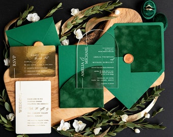 Arch Acrylic Greece Wedding Invitations, Luxury Olive Wedding Invites Set Velvet Pocket, Tuscany Elegant Acrylic Suite velvet Wedding Cards