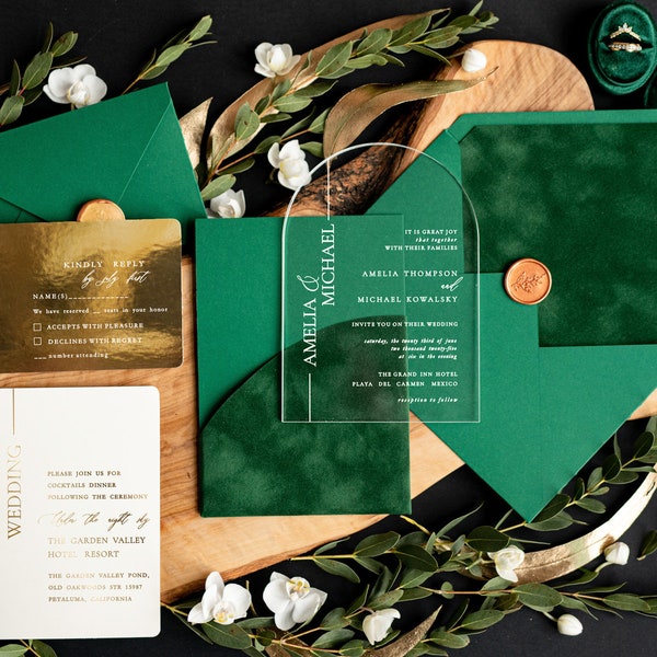 Arch Acrylic Greece Wedding Invitations, Luxury Olive Wedding Invites Set Velvet Pocket, Tuscany Elegant Acrylic Suite velvet Wedding Cards