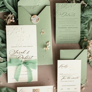 Bespoke Embossed Blind Ivory Golden Wedding Invitation with rsvp, deboss Roses Floral Wedding Invitation set Boho Invitation suite silk bow