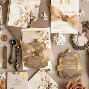 Vintage Baroque Wedding Invitation suite Beige Golden Wedding Invitations Victorian wedding crest Chinoiserie Invites Royal Ornamental frame