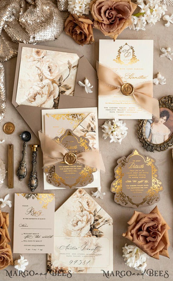 Vintage Baroque Wedding Invitation suite Beige Golden Wedding Invitations Victorian wedding crest Chinoiserie Invites Royal Ornamental frame