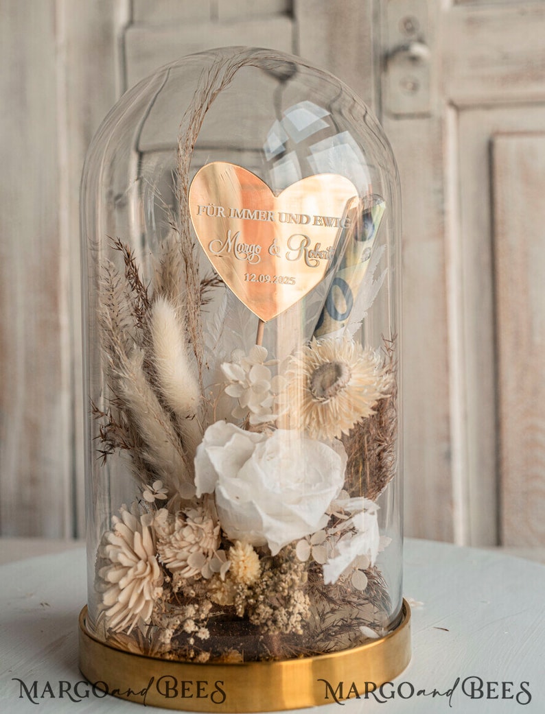 XXL Geschenkschachtel für Geld Geldgeschenk zur Hochzeit mit Strauß aus Trockenblumen personalisiert Reagenzglas für Geld gift box for money