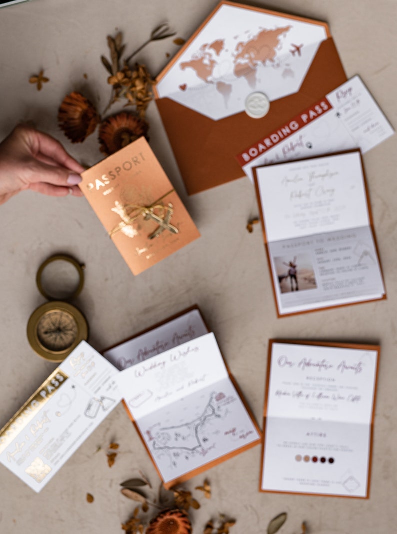 Terracotta Gold Passport Wedding Invitation, Map Wedding Cards Boarding Pass, Burnt Orange Passport Cards Abroad, Destination Invites image 4