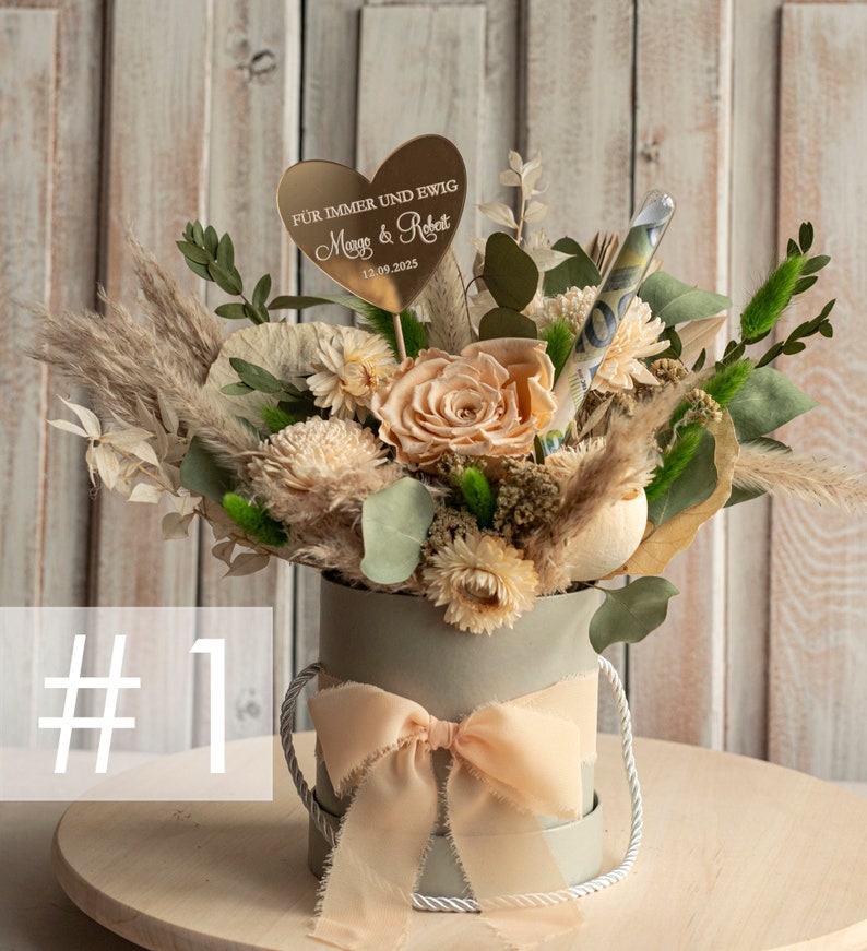 XXL Geschenkschachtel für Geld Geldgeschenk zur Hochzeit mit Strauß aus Trockenblumen personalisiert Reagenzglas für Geld gift box for money image 1