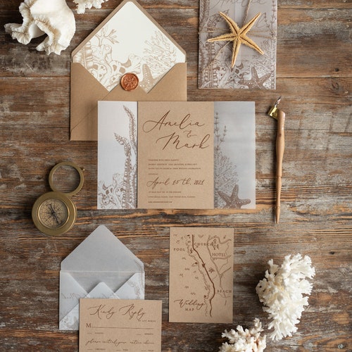 Beach Wedding invitations, Destination Vellum Wrapping Wedding shops Invitation Suite, Rustic Wedding Invites With Starfish Wax Seal, Of 20 Pcs