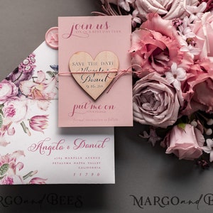 Hochzeit Save The Date Karte und Herz Magnet, Blush Pink Save Our Date Holz Magnete, Boho sparen unsere Daten Karten Holzmagneten Blumenkarte