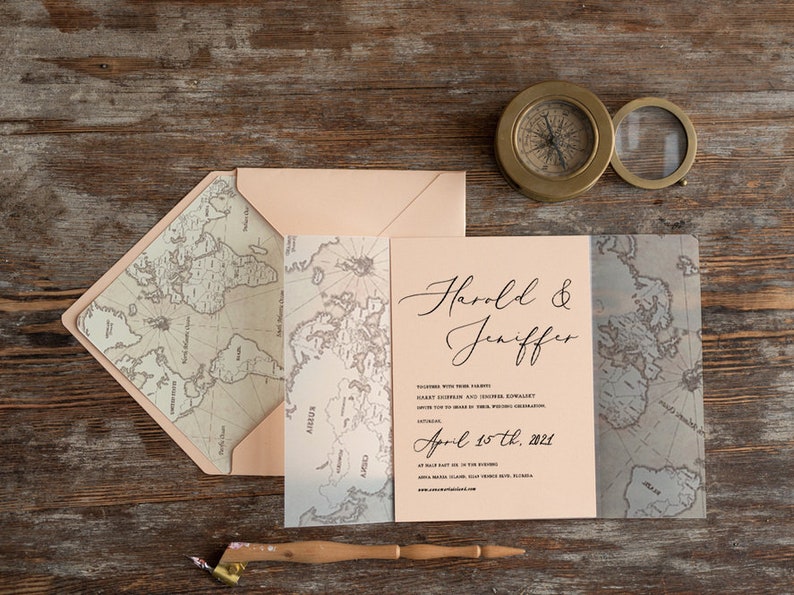 Bespoke Marine Beach Blush Wedding Invitations Vellum Wrapping Wedding Invites With Old Map, Custom Sea Starfish Travel Wedding Cards 20 Pcs image 7