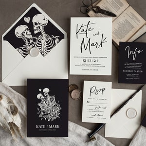 Halloween Wedding Invitations Suite, Black & White Invitations, The Lovers Tarot Invites, Gothic Wedding Invitations, Skeleton Wedding Set
