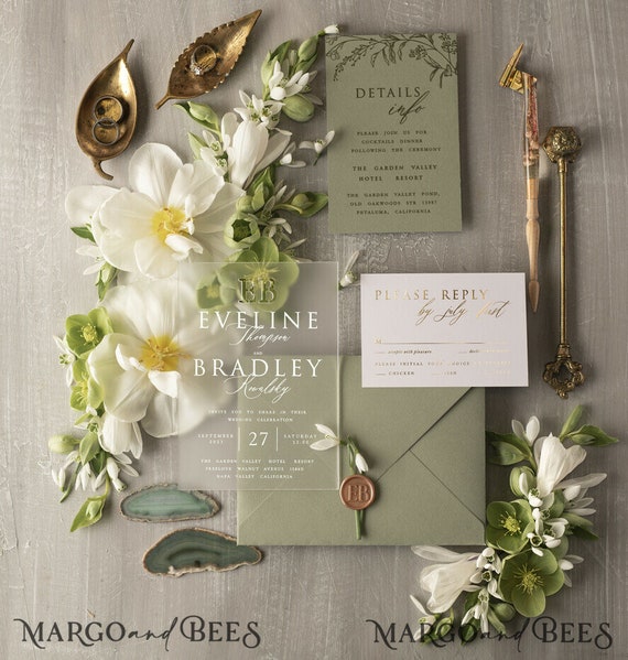Luxurious Deep Green Glass or Acrylic Wedding Invitations with White  Florals - GL19