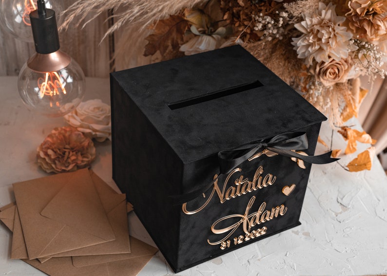 Velvet Black Card Box & Gold Lettering, Wedding Card Box With Lid ...