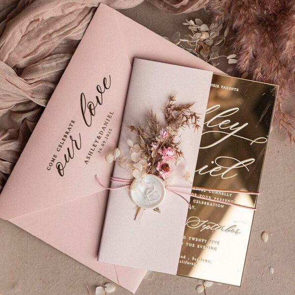 Mirror Gold Acrylic Wedding Invitations Blush Pink Plexi Glass Invites with rsvp  Pocket Elegant Bespoke Wedding Suite Wedding Cards Set