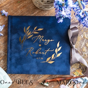 Navy Blue Boho Instax velvet Wedding GuestBook Gold Dark Blue Instant Wedding Guest Book Polaroid velvet Guestbook  Blue Golden wedding