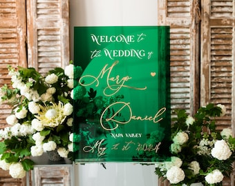 Luxury Green and Gold Wedding Welcome Sign, Emerald Green Acryl Wedding Decor, Personalised Wedding Sign, Welcome Wedding Board, sGA