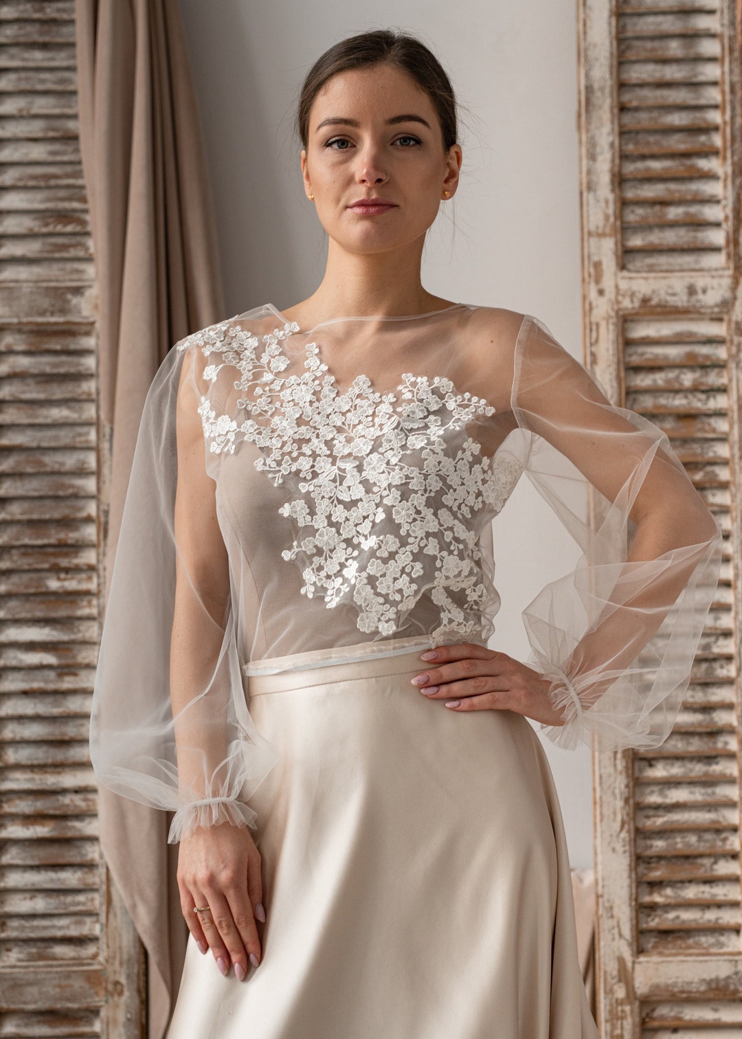 Wedding Bolero Long Sleeve, Lace Bridal Coverup Puff Sleeve Wedding Bolero Long Sleeve, Lace Bridal Coverup Puff Sleeve