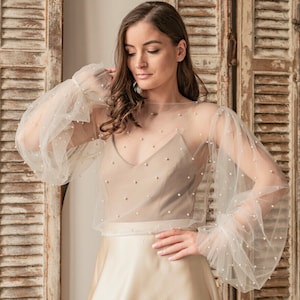 Ivory tulle Beaded Wedding bolero puff sleeve, Shrug Women Wedding, Bridal Coverup, Ivory Blouse for Bride,Pearls Tulle Blouse dress capalet