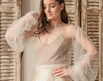 Ivory Tulle Beaded Wedding Bolero Puff Sleeve, Shrug Women