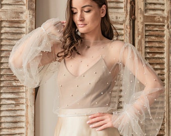 Boléro de mariage en perles de tulle ivoire à manches bouffantes, haussement d'épaules pour femme, mariage, tenue de mariée, chemisier ivoire pour la mariée, capalet de robe chemisier en tulle perles