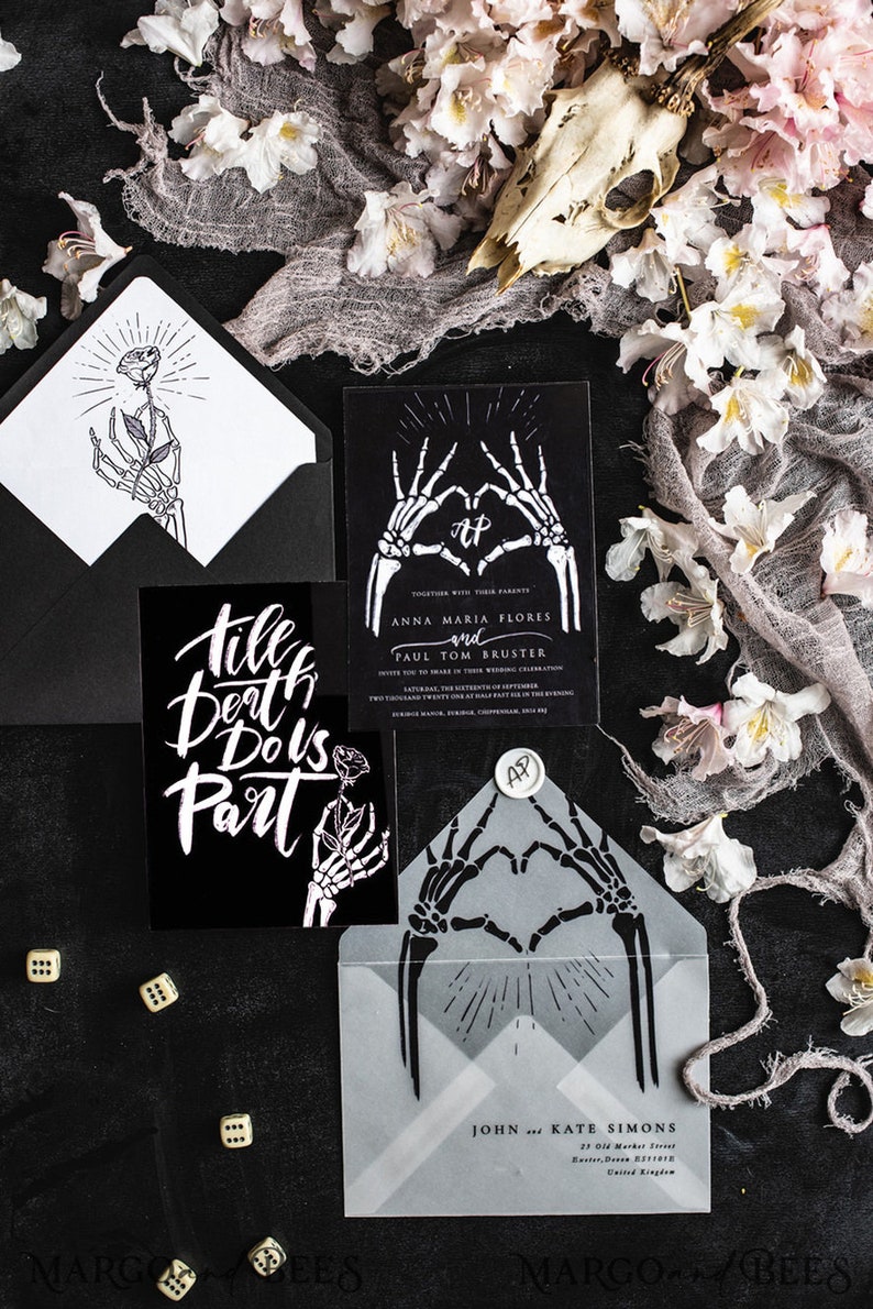 Halloween Wedding Invitations Suite, Black Invitations, Spooky Halloween Invites Gothic Wedding Invitation Cards, Skeleton Wedding Set black, halloween wedding suite till death do us part