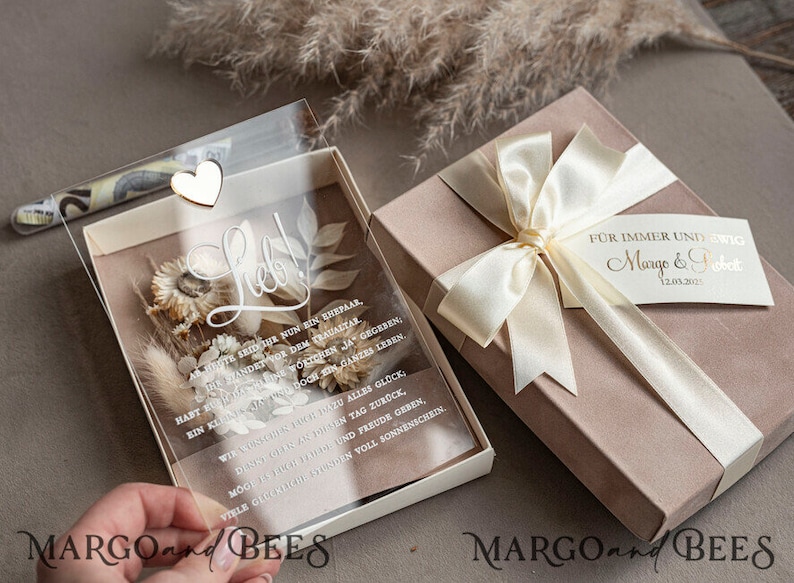 Geschenkschachtel für Geld Geldgeschenk zur Hochzeit mit Strauß aus Trockenblumen personalisiert Geschenk für Brautpaar Reagenzglas für Geld