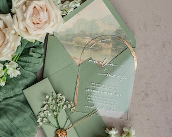 Arched Acrylic sage green golden Wedding Invitations, Elegant garden Wedding Cards, Baby Breath Plexi Gypsophila Wedding Invites, Natural